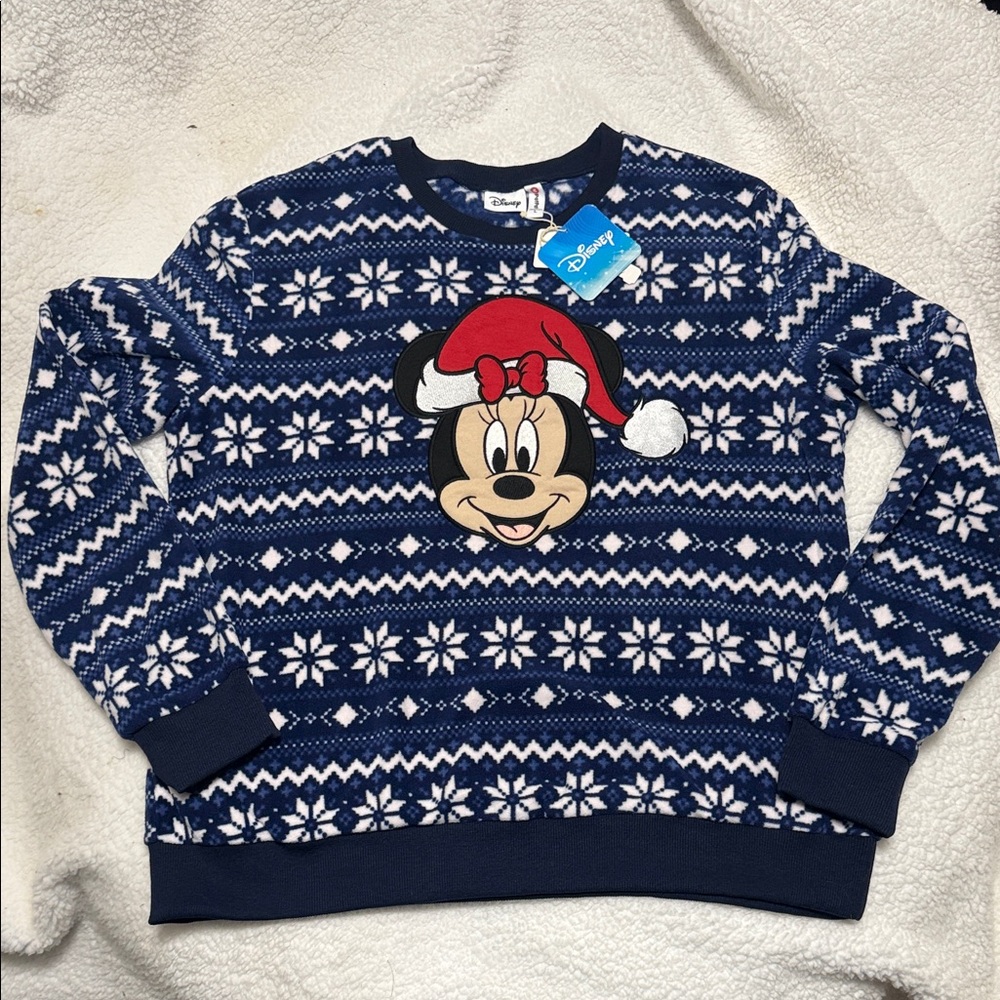 Disney Women's Festive Navy Polar Fleece Sweater with Minnie Mouse